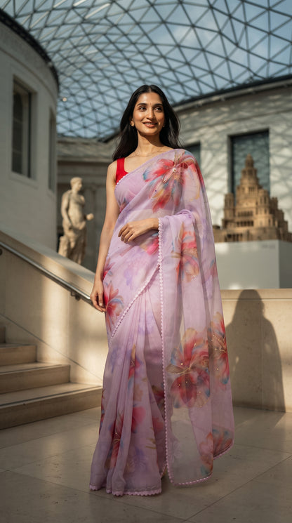 Pastel Pink Floral Chiffon Saree with Delicate Lace Border
