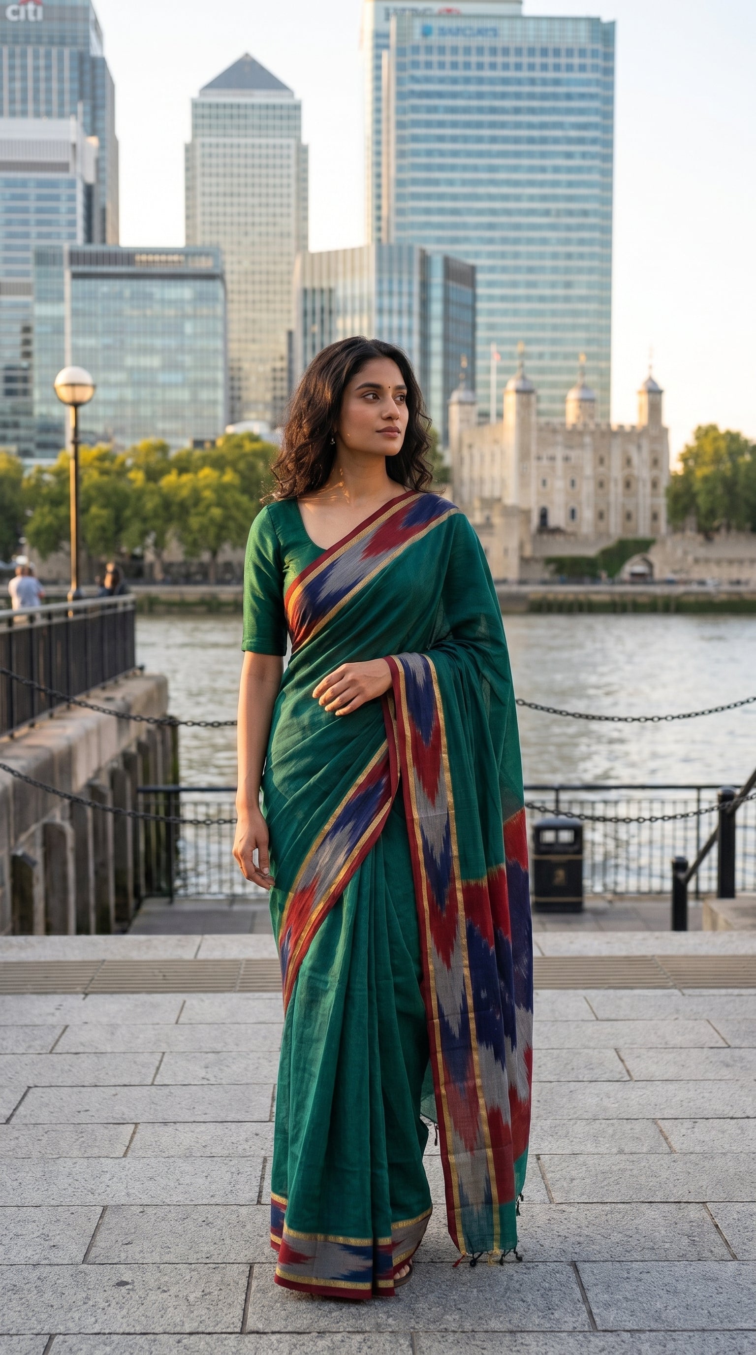 Woman in a handloom cotton saree with ikat border – peacock green with grey and blue-red border standing by a waterfront with city skyline in the background