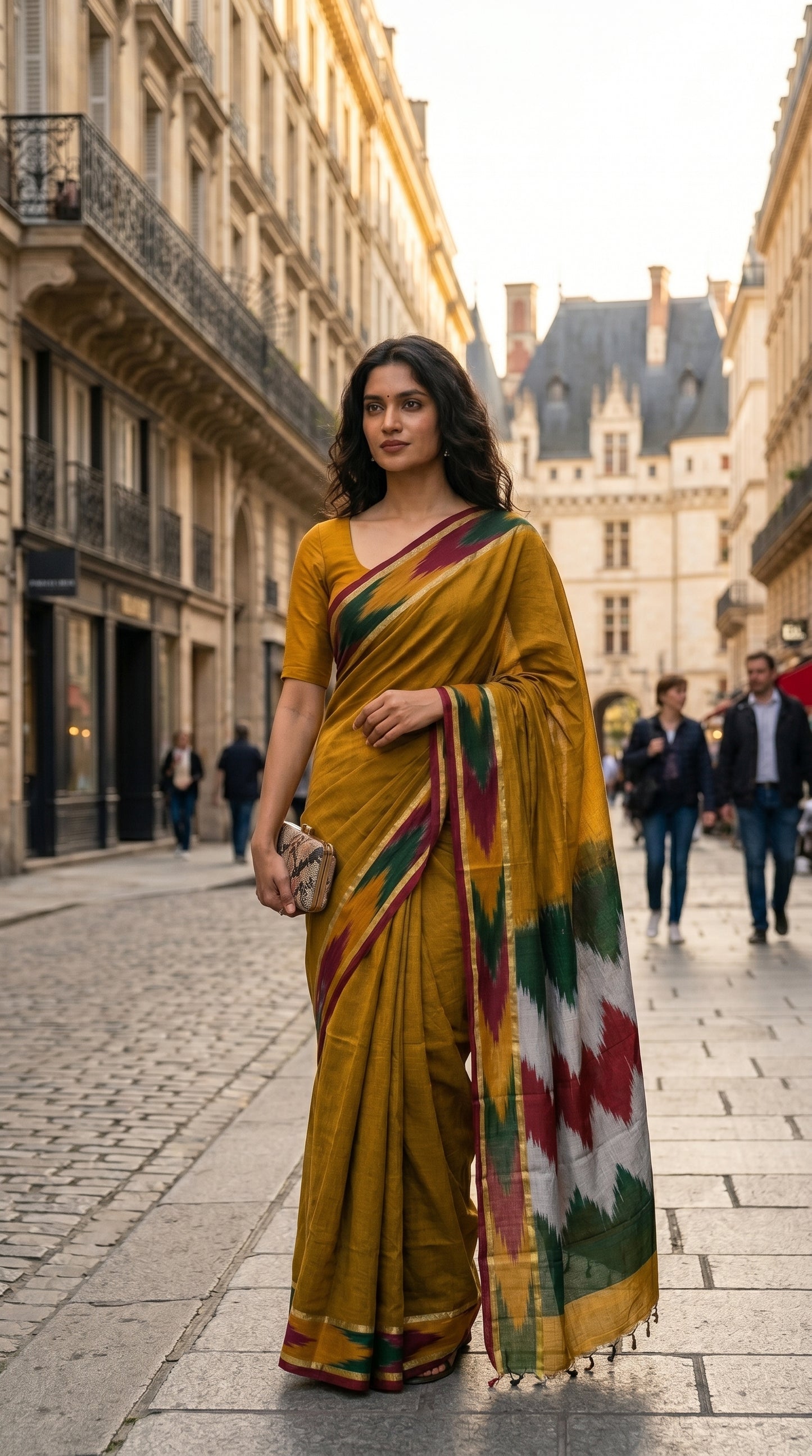 Woman in a handloom cotton saree with ikat border – golden with green, red and grey border walking down a street in an urban setting