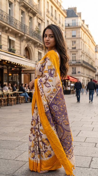 Kalamakari Silk Saree with Kaddi Border - Orange