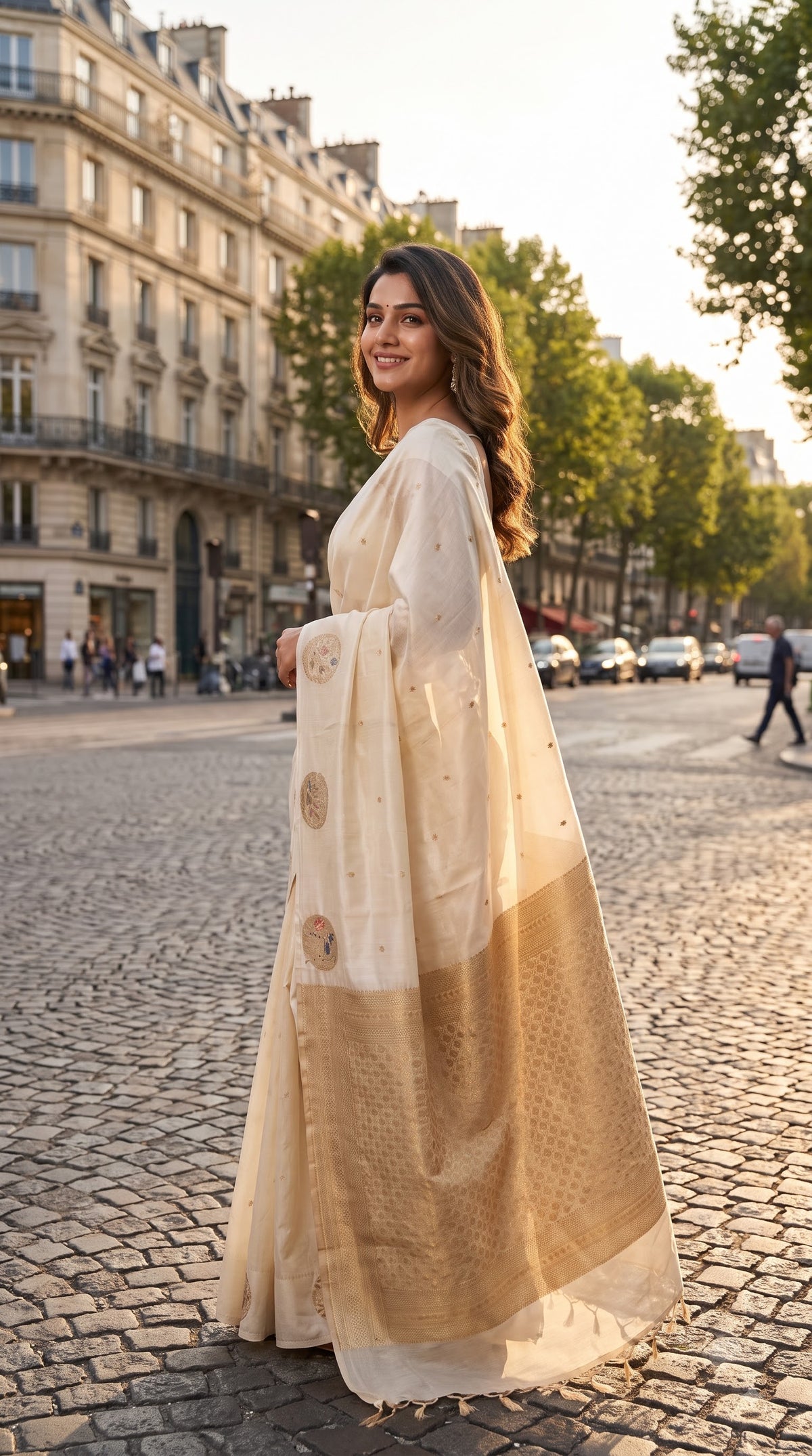 Mashru Silk with Flamingo Motif-Cream