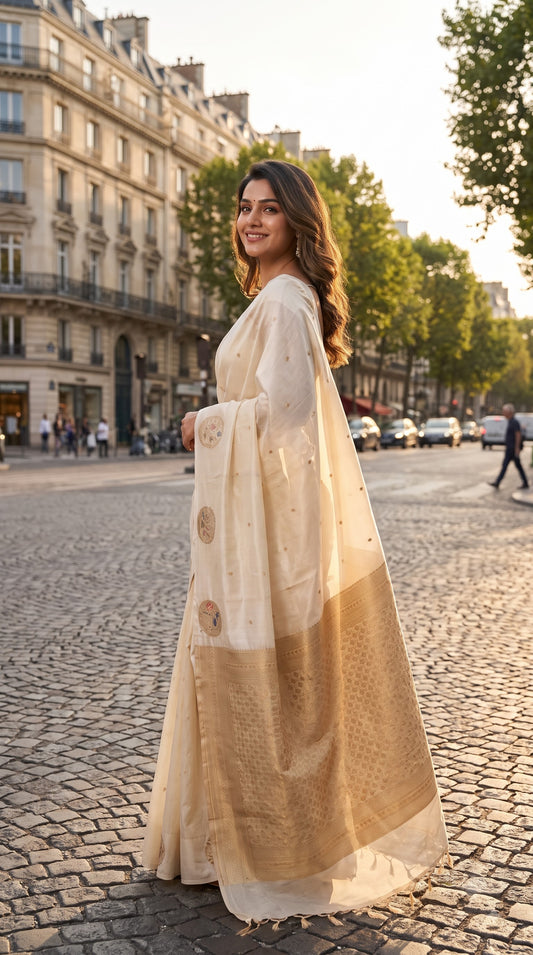 Mashru Silk with Flamingo Motif-Cream