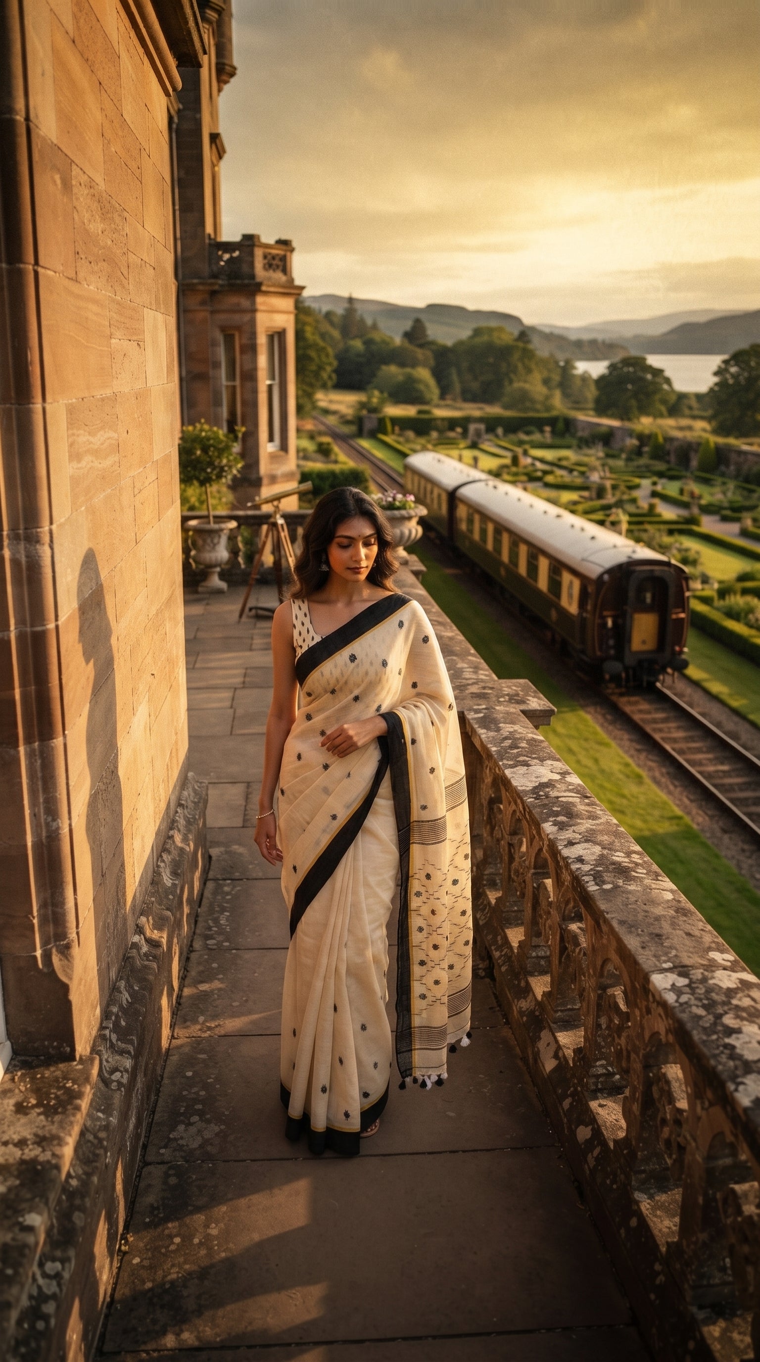 A woman walking on a stone terrace balcony overlooking a garden with a vintage train on tracks at sunset, wearing a beige linen saree with a black border and Jamdani floral motifs