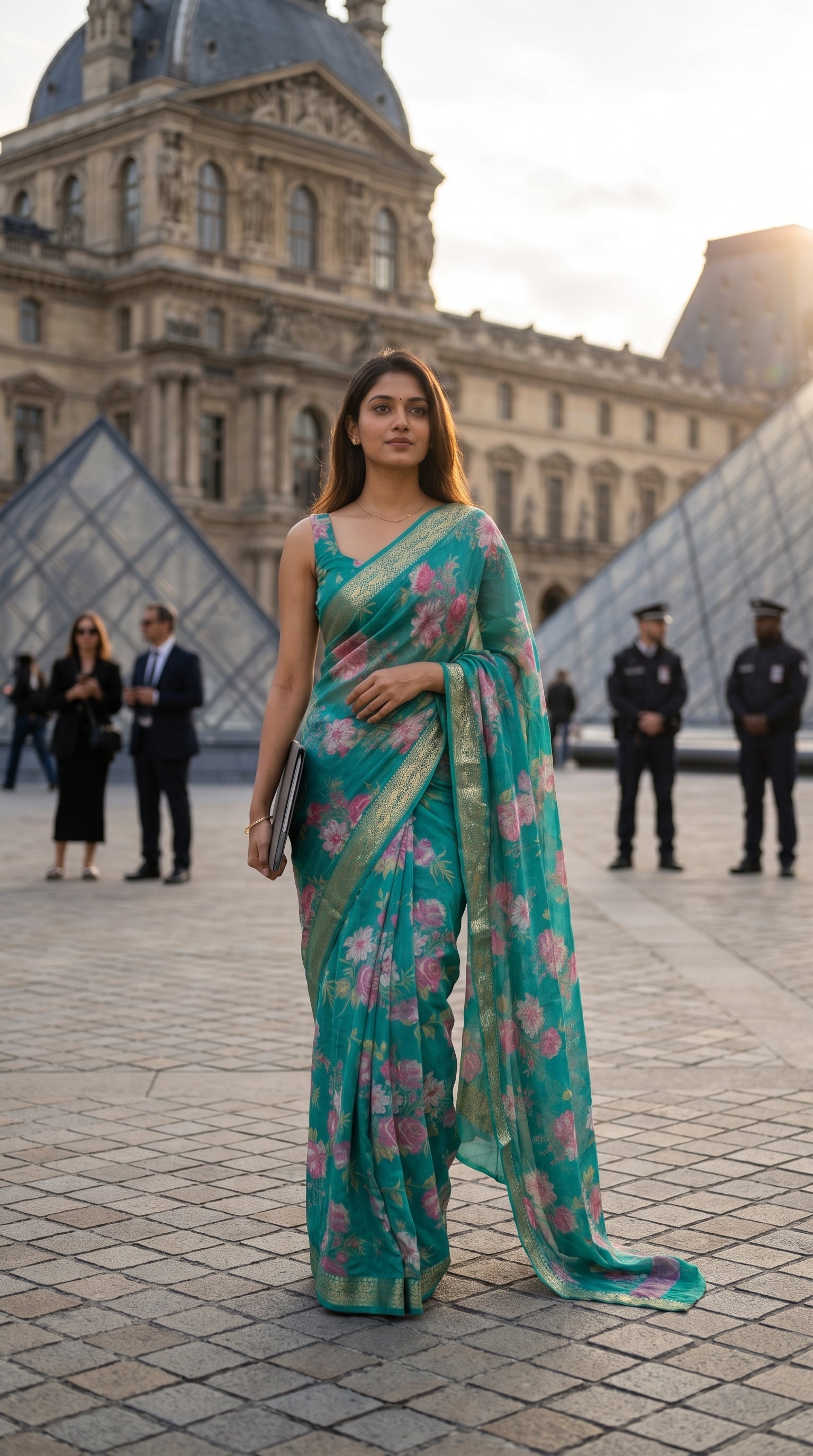 Full-length profile image of a woman holding a laptop while walking through an upscale architectural courtyard with glass pyramids, displaying the breezy movement and elegant straight silhouette of a Rama green saree