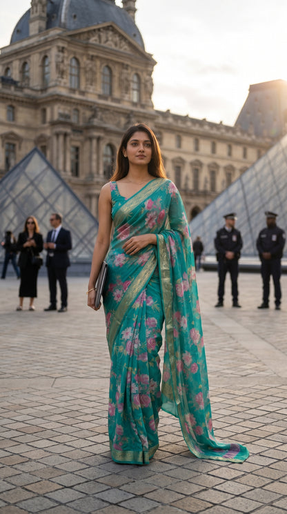 Full-length profile image of a woman holding a laptop while walking through an upscale architectural courtyard with glass pyramids, displaying the breezy movement and elegant straight silhouette of a Rama green saree
