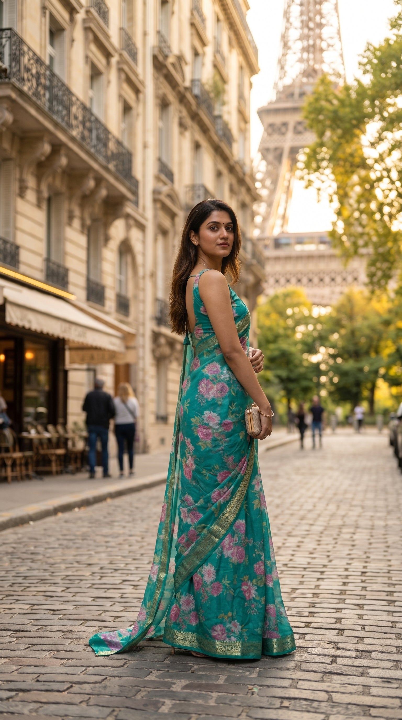An over-the-shoulder look of a woman holding a gold clutch and walking down a cobblestone street in Paris with the Eiffel Tower behind her, showcasing the cascading pink floral print on her Rama green chinon saree