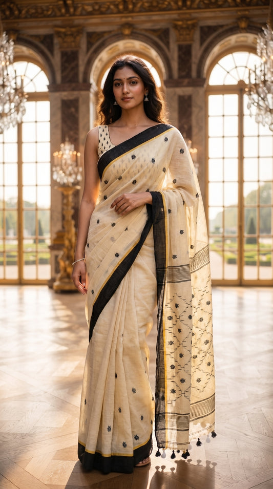 A woman standing in a grand, sunlit palace hall with crystal chandeliers, elegantly displaying her beige pure linen Jamdani saree with a black contrast border