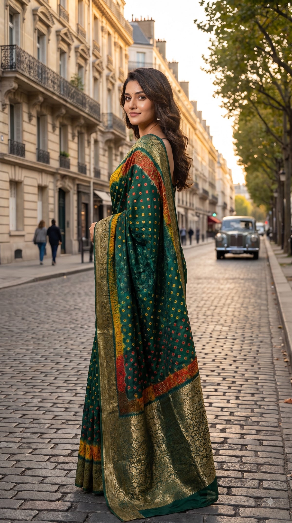 Art Silk Bandhani with Shibori & Zari Border - Rama Green
