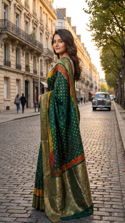 Art Silk Bandhani with Shibori & Zari Border - Rama Green