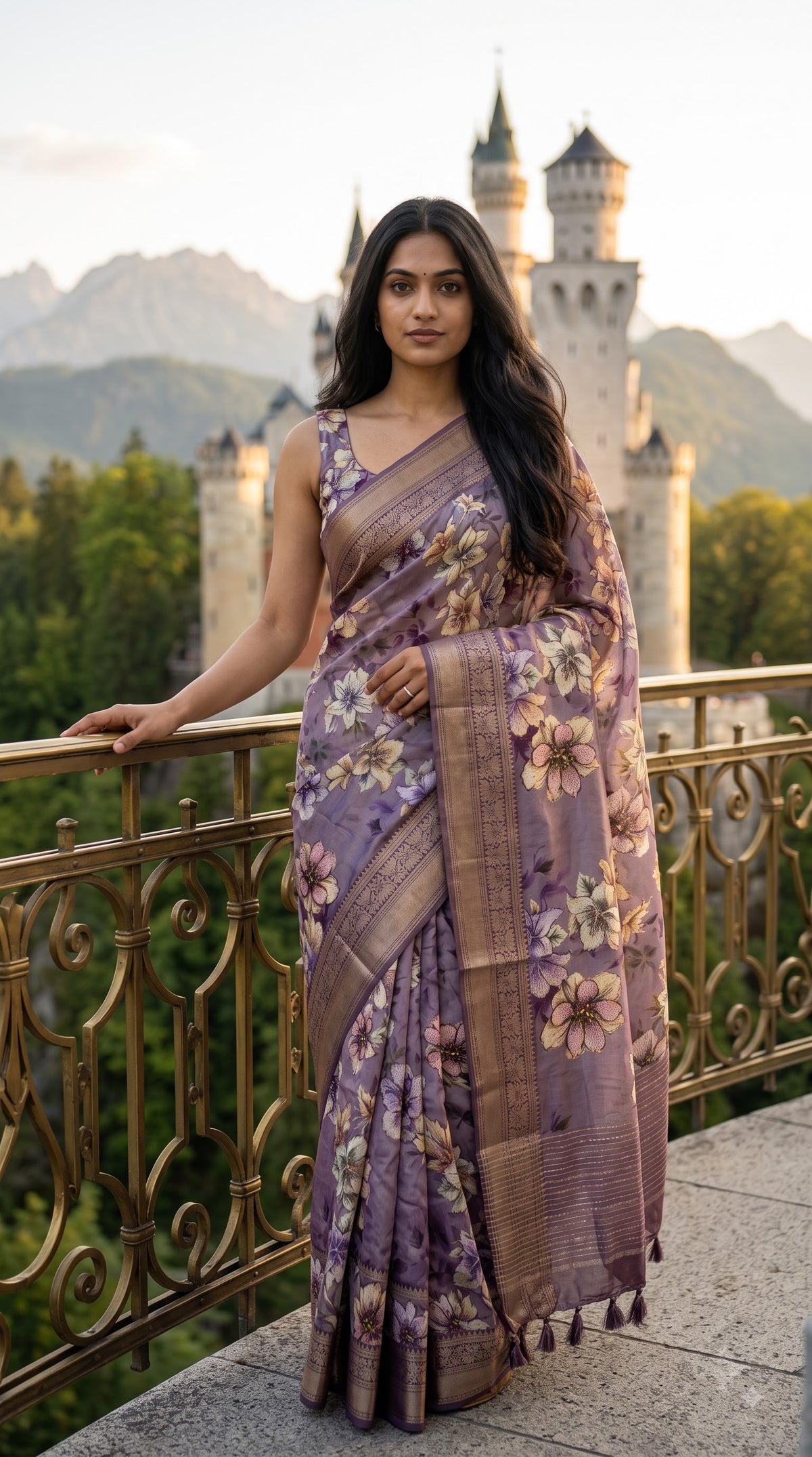 Pure Silk Saree with Digital Print & French Knot Kantha-Stitched - Purple