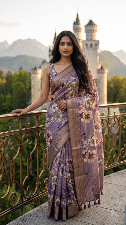 Pure Silk Saree with Digital Print & French Knot Kantha-Stitched - Purple