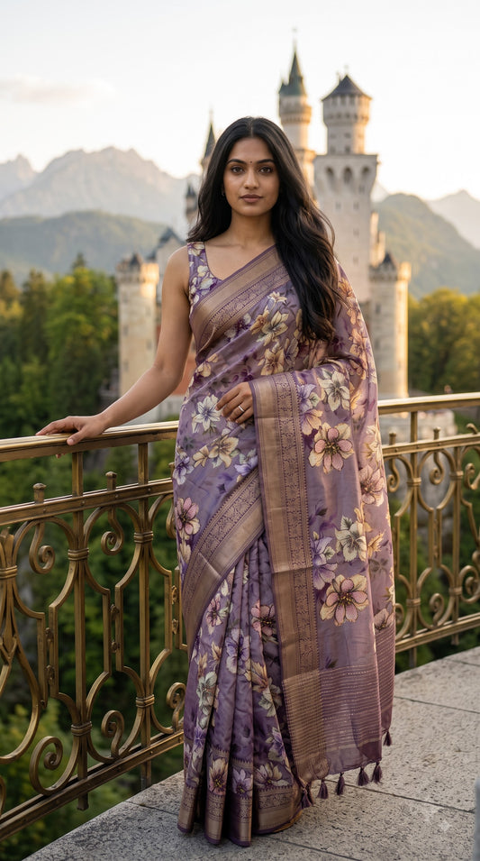 Pure Silk Saree with Digital Print & French Knot Kantha-Stitched - Purple
