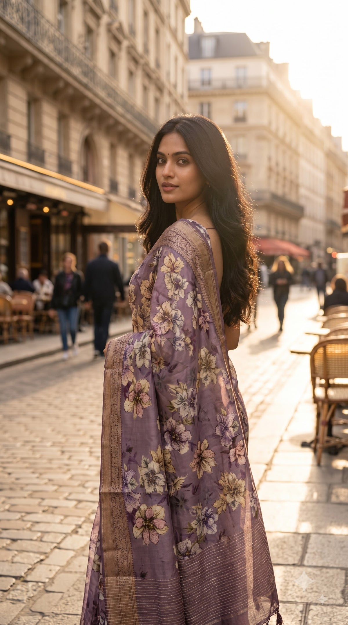 Pure Silk Saree with Digital Print & French Knot Kantha-Stitched - Purple