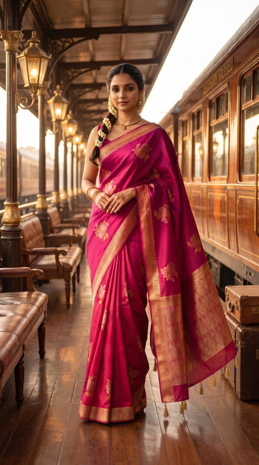 A full-length front portrait of a woman standing along a luxury vintage wooden train platform, showcasing the fluid drape, rich texture, and detailed gold zari pallu with hand-tied tassels on her magenta pure crepe silk saree