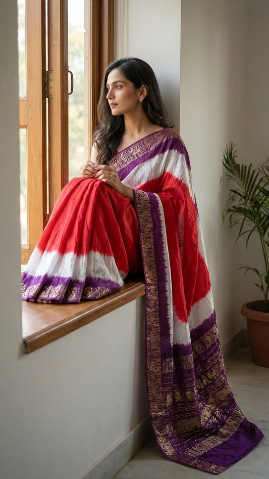 Woman in a magenta modal silk saree with purple zari border sitting by a window.