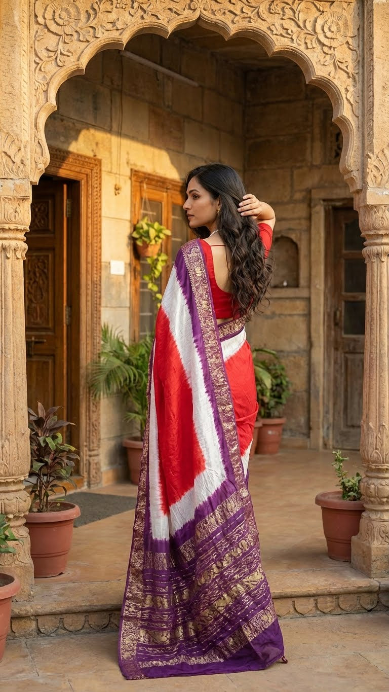 Woman in a magenta modal silk saree with purple zari border standing in front of an architectural entrance.