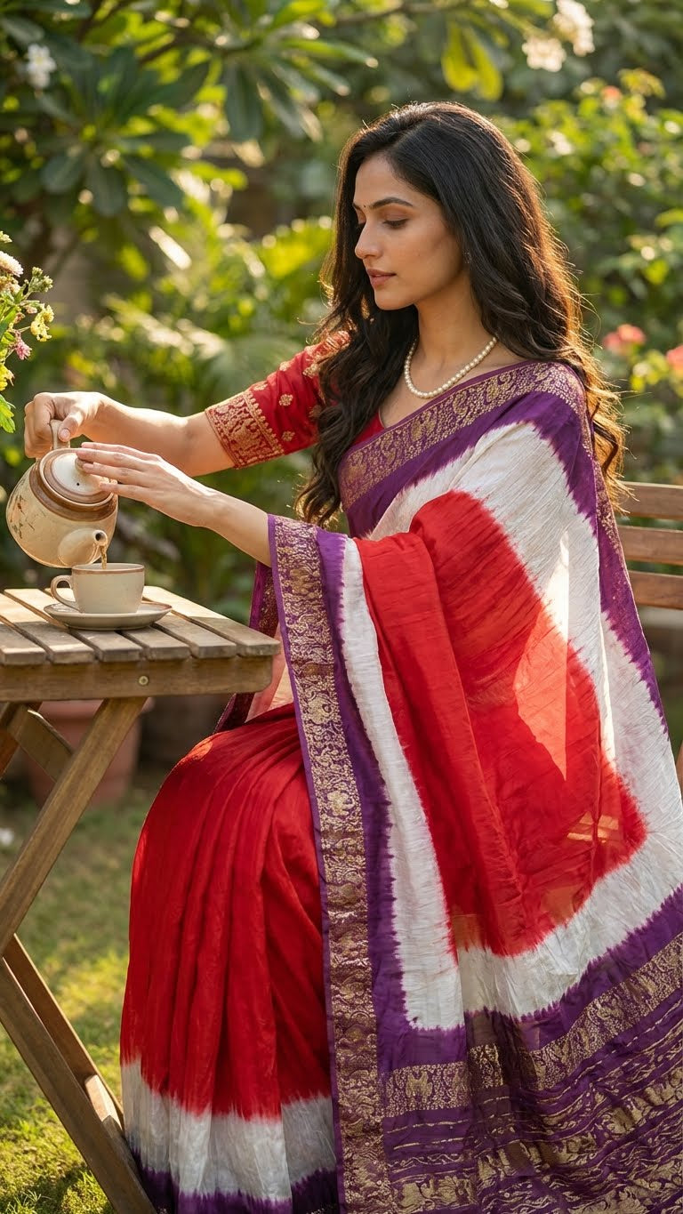 Woman in a magenta modal silk saree with purple zari border pouring tea outdoors.