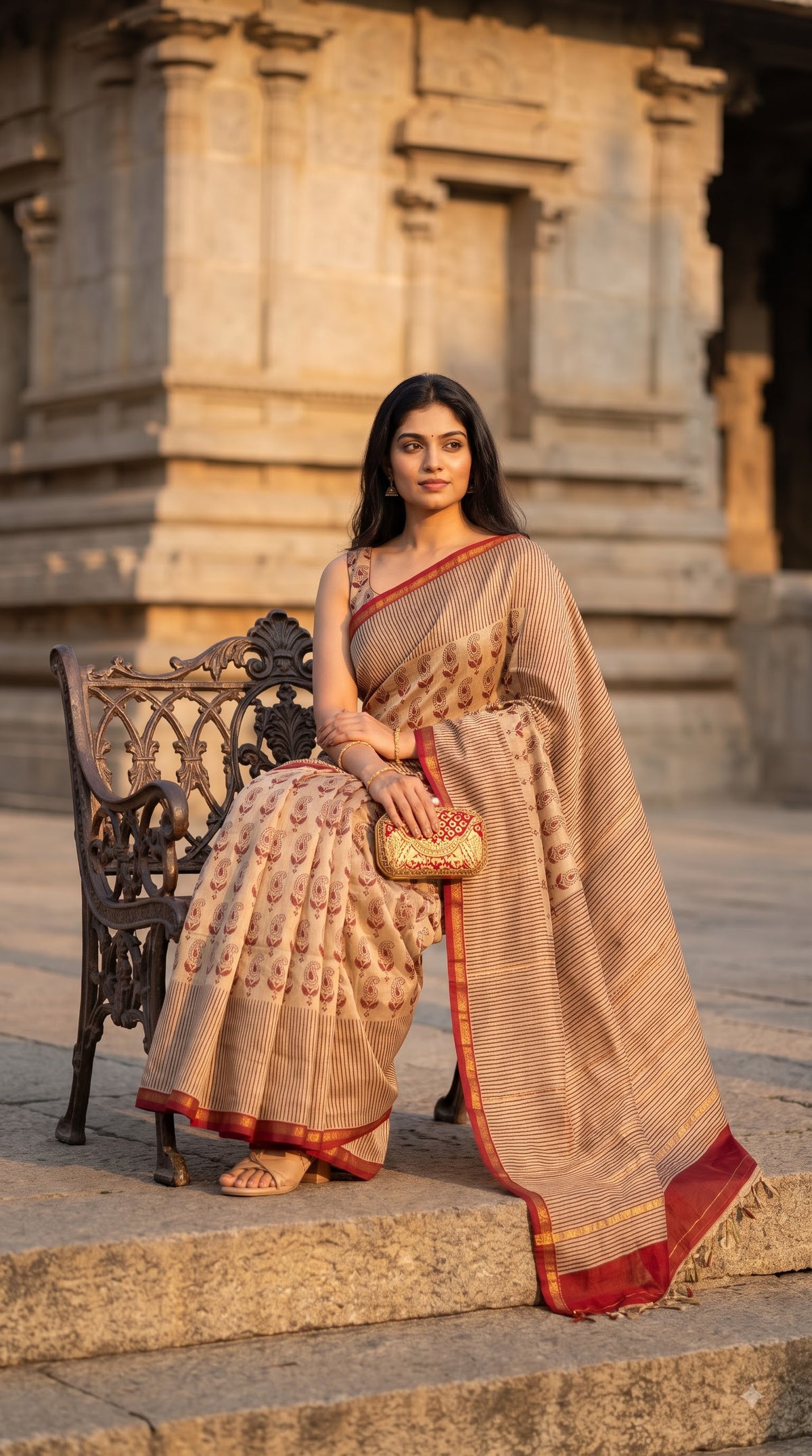 Chanderi Silk Saree with Stripes - Beige with Red