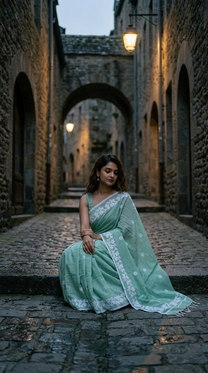 Light Green Cotton Saree with Applique Border