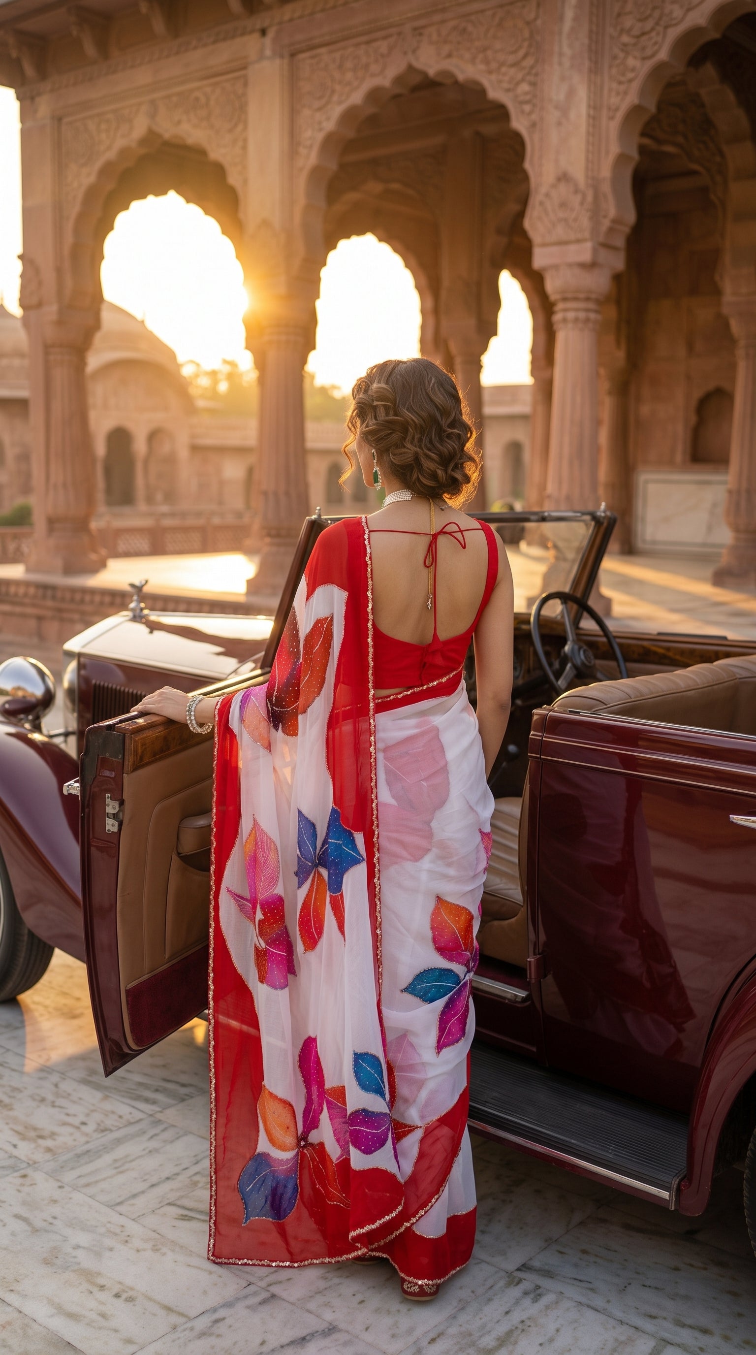 Back view of a woman standing beside a vintage car under a palace pavilion at sunrise, highlighting her red low-back blouse and the flowing white chinon pallu decorated with blue and red floral art