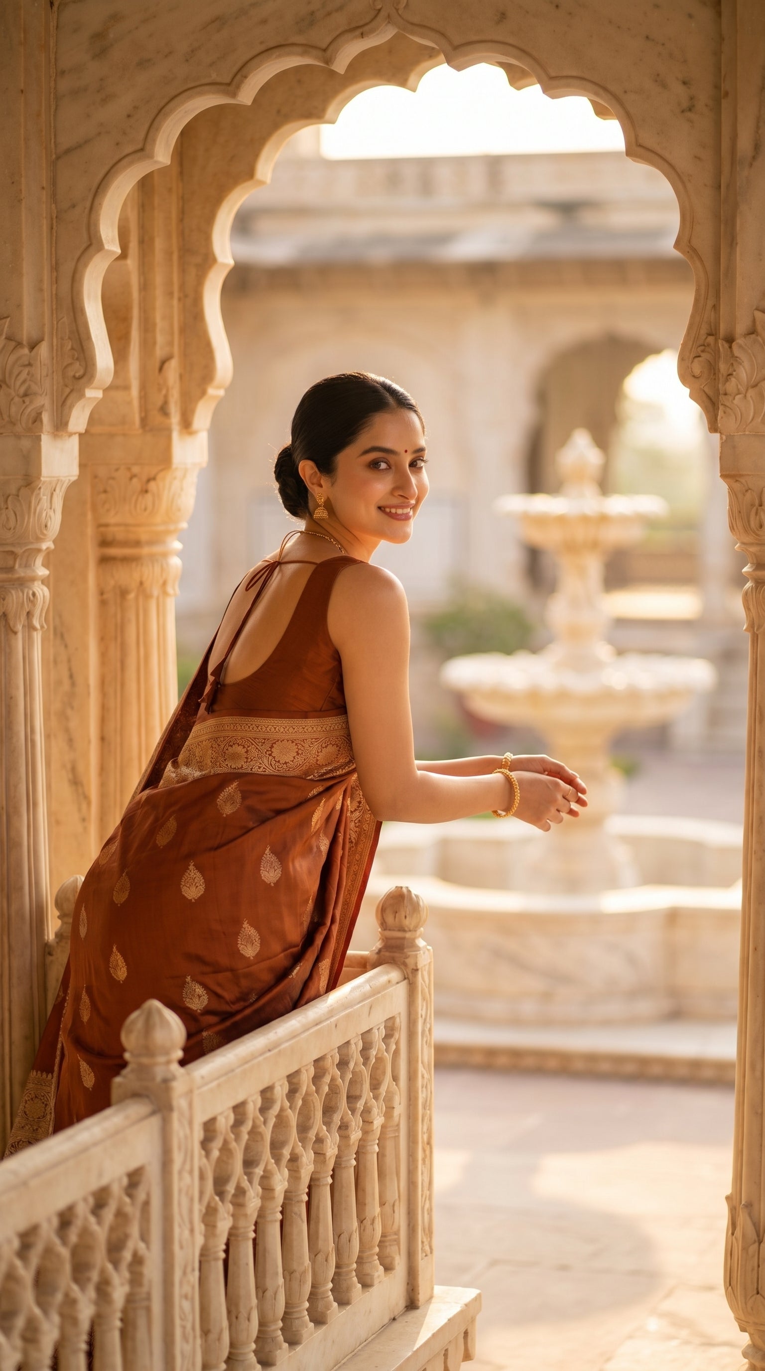 A profile shot of a smiling woman leaning gracefully against a white marble balcony railing, showcasing the soft golden sheen, delicate floral buttas, and woven borders of her burnt orange Mashru silk saree with a marble fountain blurred in the background