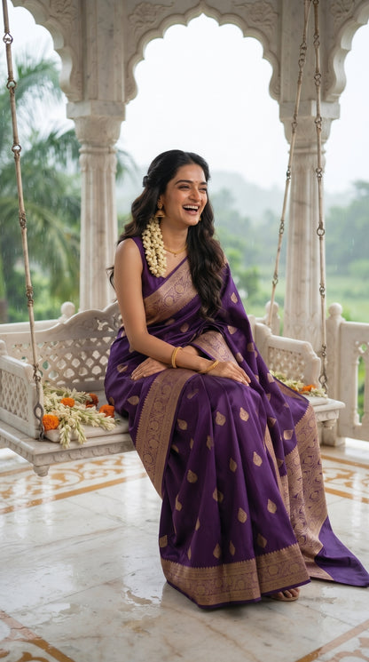 A candid front portrait of a joyfully laughing woman sitting on a white marble swing inside an open pavilion during a monsoon morning, highlighting the rich purple fabric tone and golden zari detailing of her saree