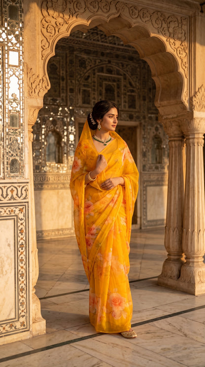 Full-length image of a woman posing against a beautifully detailed marble wall inside a historic palace, showcasing the elegant straight silhouette and light-catching translucency of a yellow rose printed saree