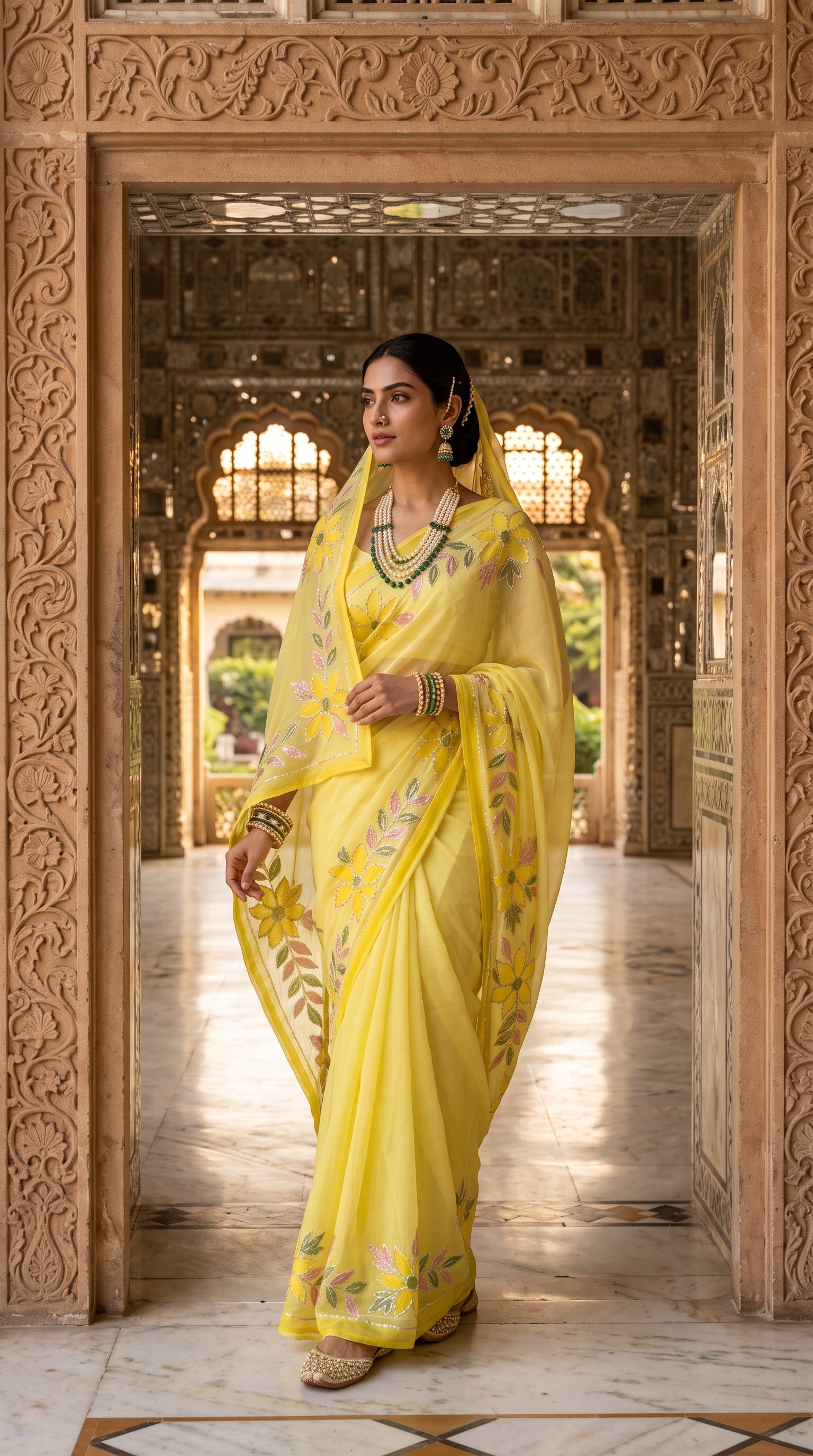 A portrait of a woman standing beneath a carved palace gateway with a sheer yellow veil over her head, showcasing the vibrant hand-painted floral borders and Gota work of her yellow pure chiffon saree