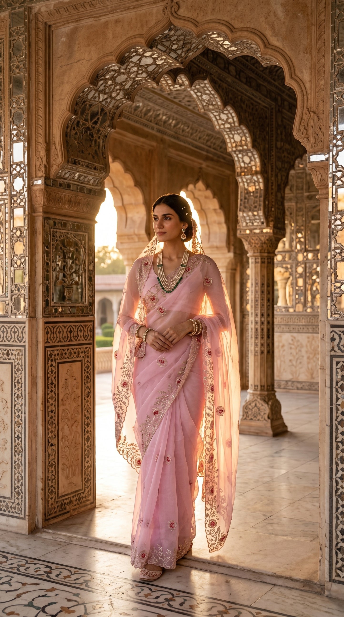 A woman adorned in a layered emerald necklace standing within a beautifully detailed mirror-work palace corridor, showcasing the elegant fall and light-catching translucent sheen of her pink organza saree