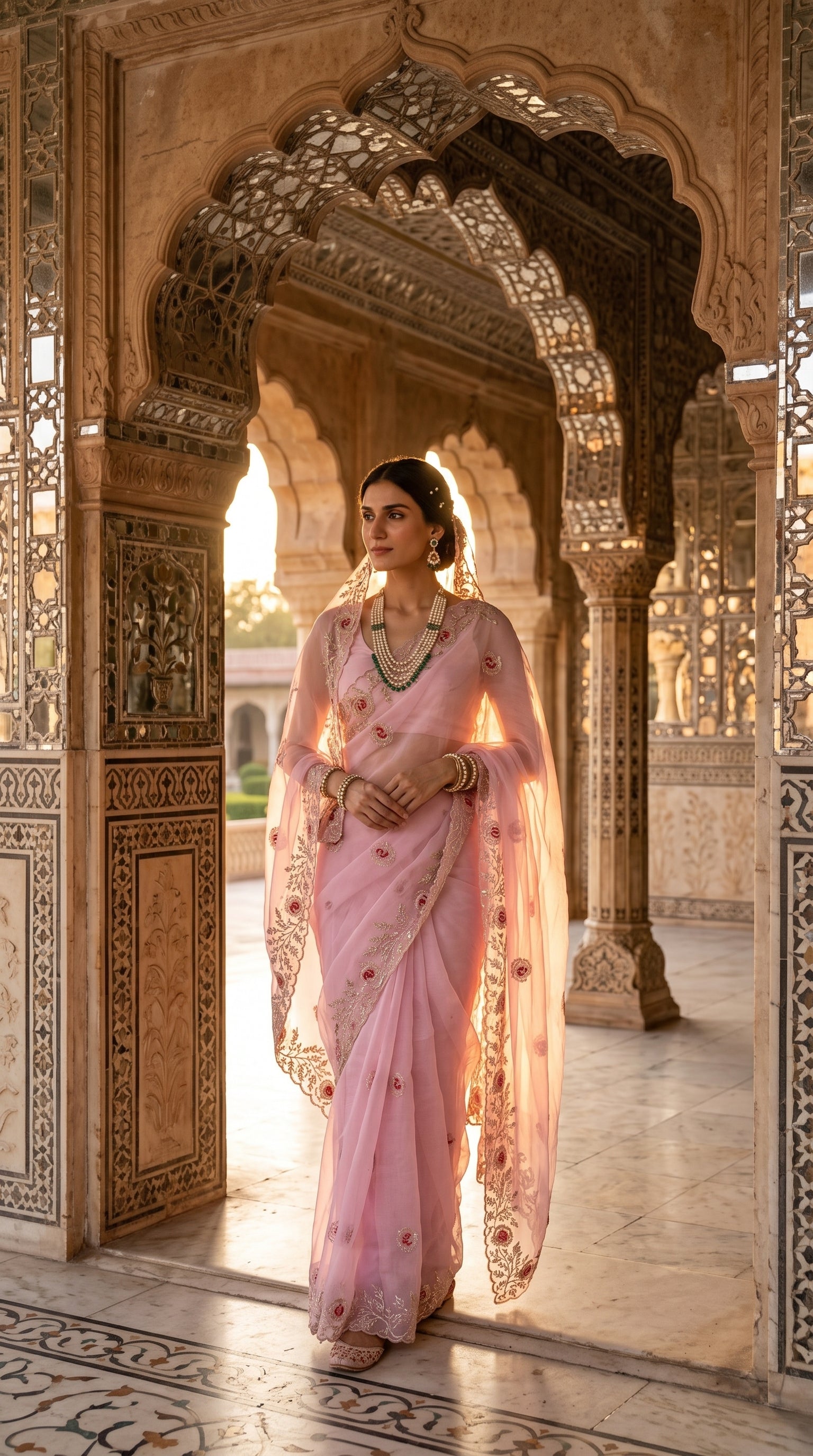 A woman adorned in a layered emerald necklace standing within a beautifully detailed mirror-work palace corridor, showcasing the elegant fall and light-catching translucent sheen of her pink organza saree