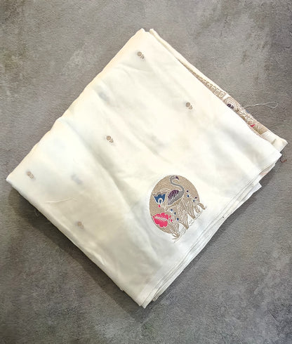 Mashru Silk with Flamingo Motif-Cream