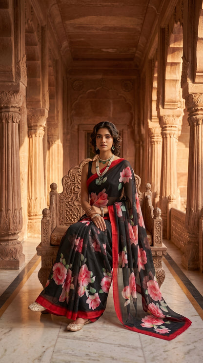 Crimson Noir – Pure Chiffon Floral Saree in Black