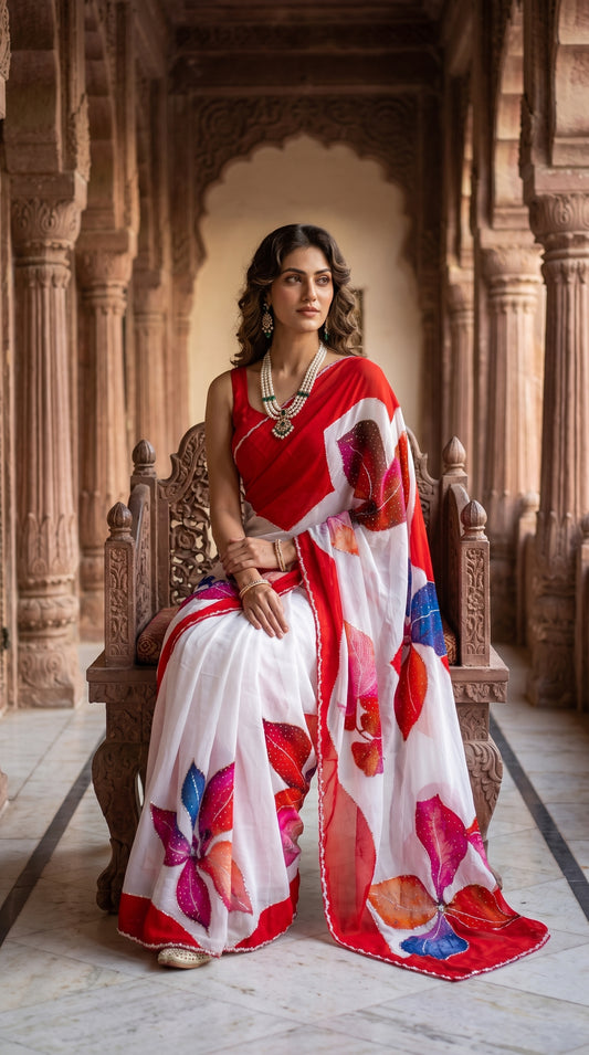 A model seated on a carved wooden palace chair along a sandstone corridor, beautifully displaying the draped white body and vibrant red borders of her pure chinon saree