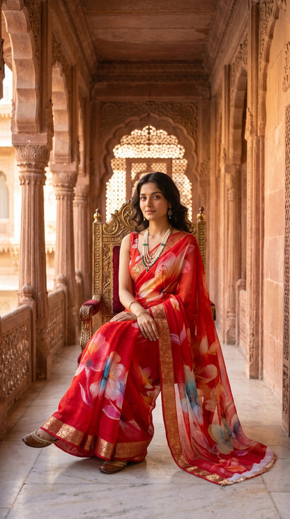 A full-length portrait of a woman sitting regally on an ornate gold throne in a sandstone palace corridor, displaying her red floral chiffon saree draped elegantly on the marble floor alongside traditional jewelry