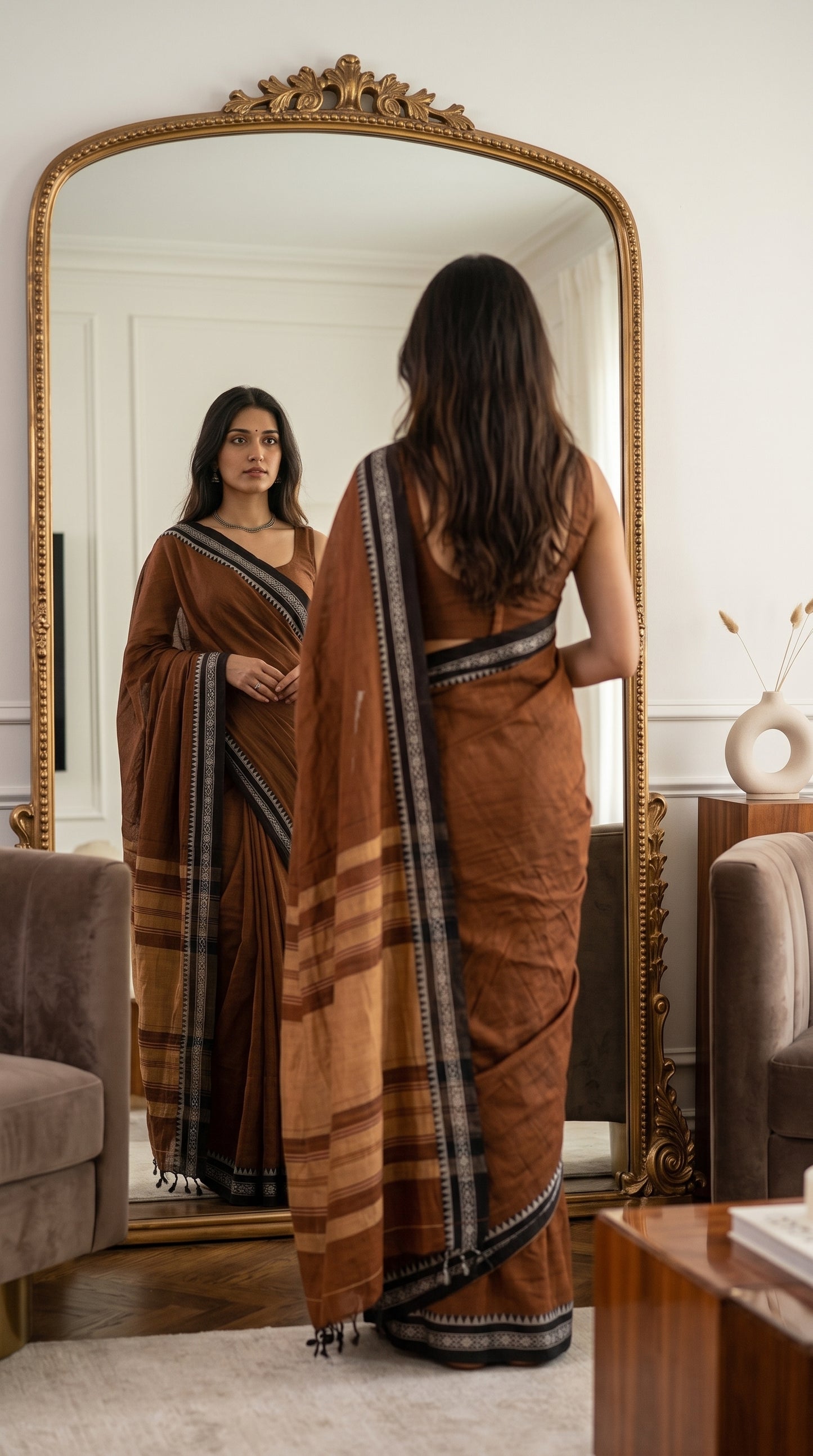 Mirror reflection showing the front and back view of a woman draped in an earth brown mul cotton saree with a detailed black geometric border
