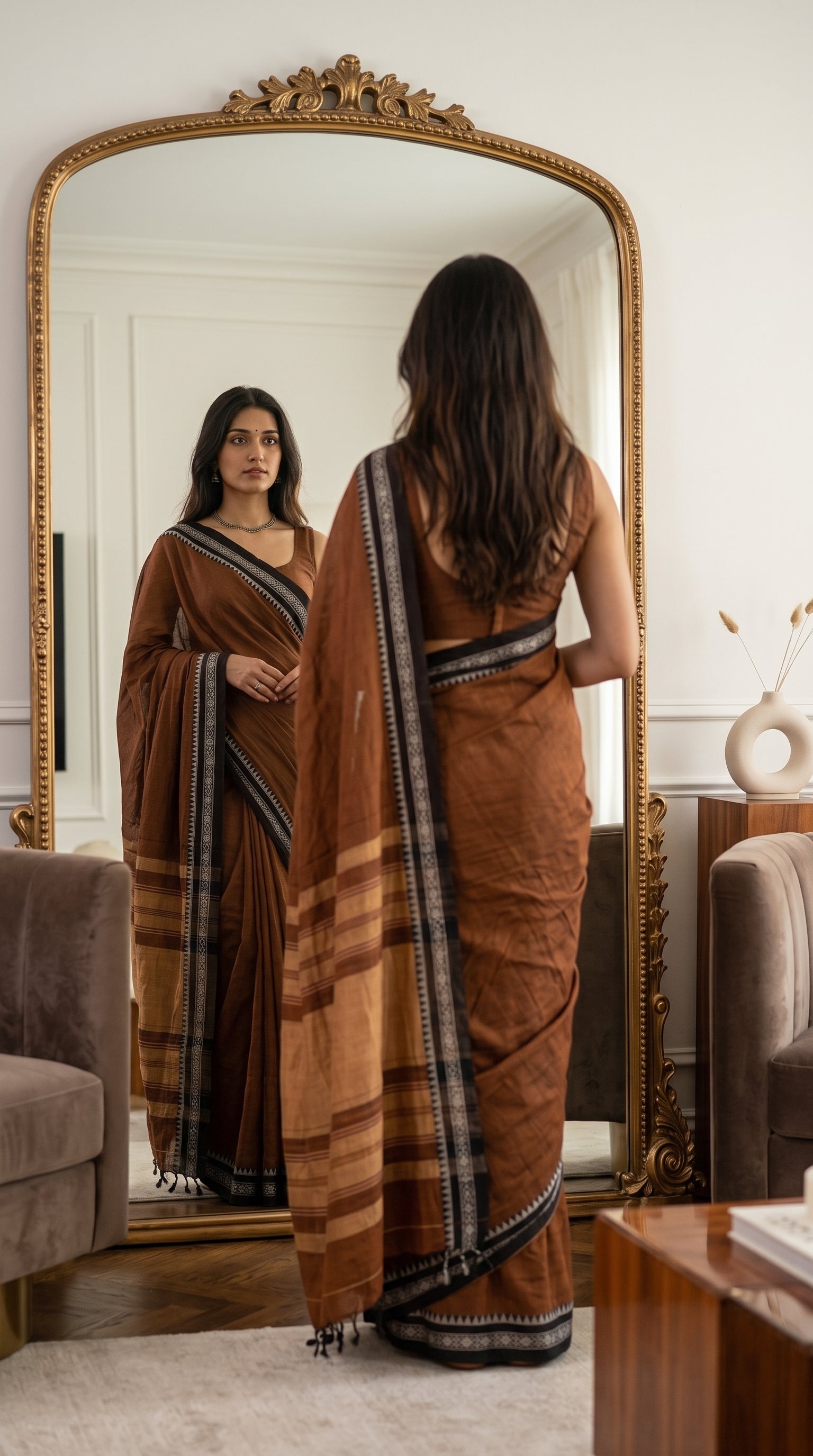 Mirror reflection showing the front and back view of a woman draped in an earth brown mul cotton saree with a detailed black geometric border