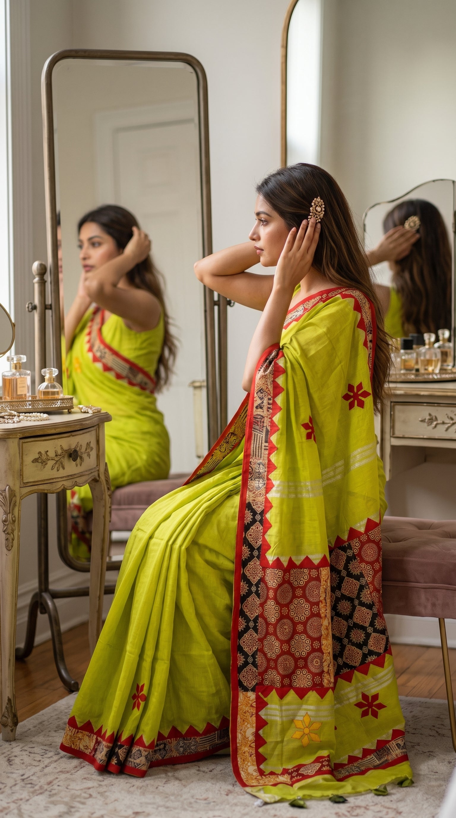 A woman sitting on a stool adjusting her hair in front of a dressing table mirror, showcasing the intricate multi-patterned applique border of her lime green saree