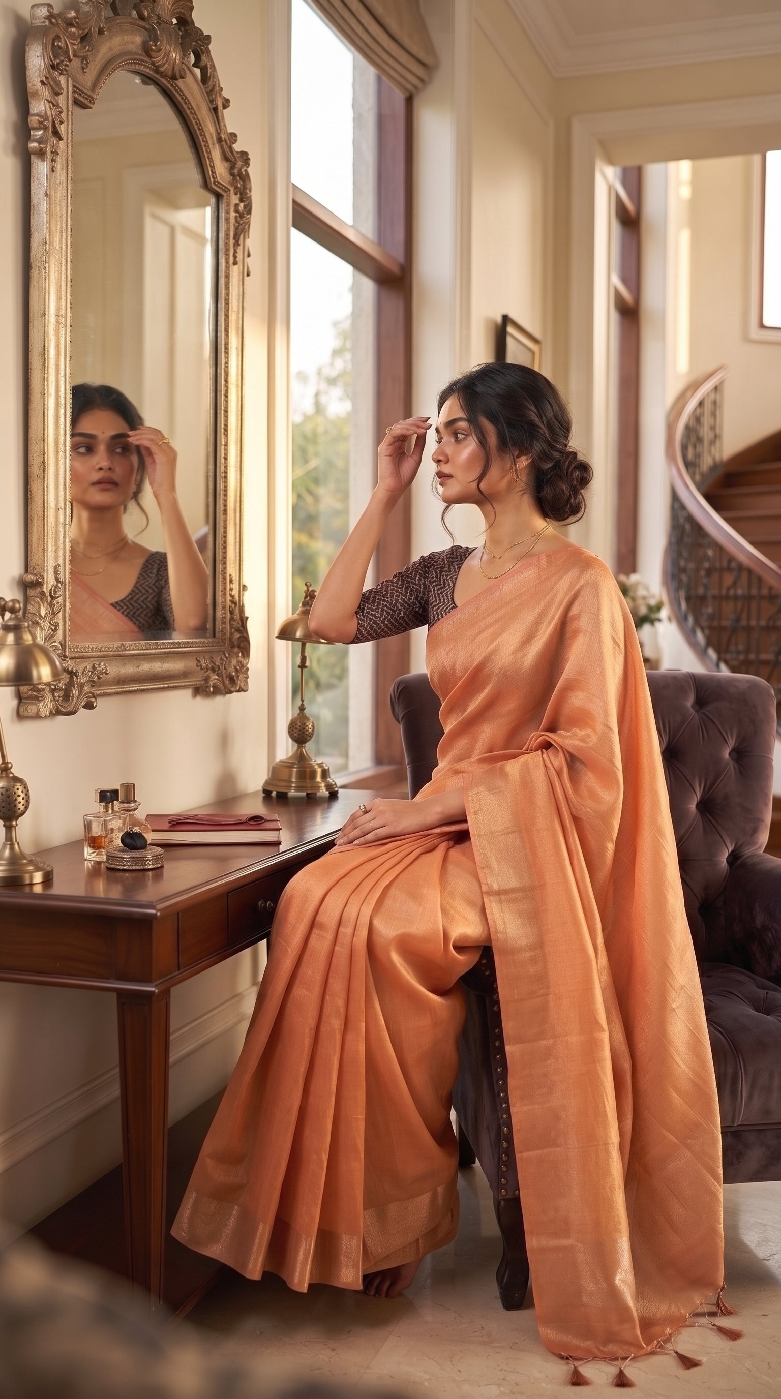 A portrait of a woman with a low hair bun sitting on a dark plush armchair next to a wooden vanity mirror, elegantly displaying the soft metallic luster and crisp drape of her rose gold tissue cotton saree