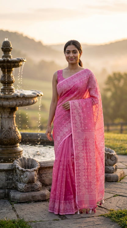 Full-length portrait of a model standing by an ornate stone fountain at sunrise, highlighting the elegant fall and rich pink hue of her cotton tissue Jamdani saree