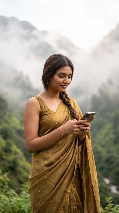 A model looking down at her phone against a scenic backdrop of misty green valleys and mountains, highlighting the subtle sheer texture of an olive-gold tissue saree