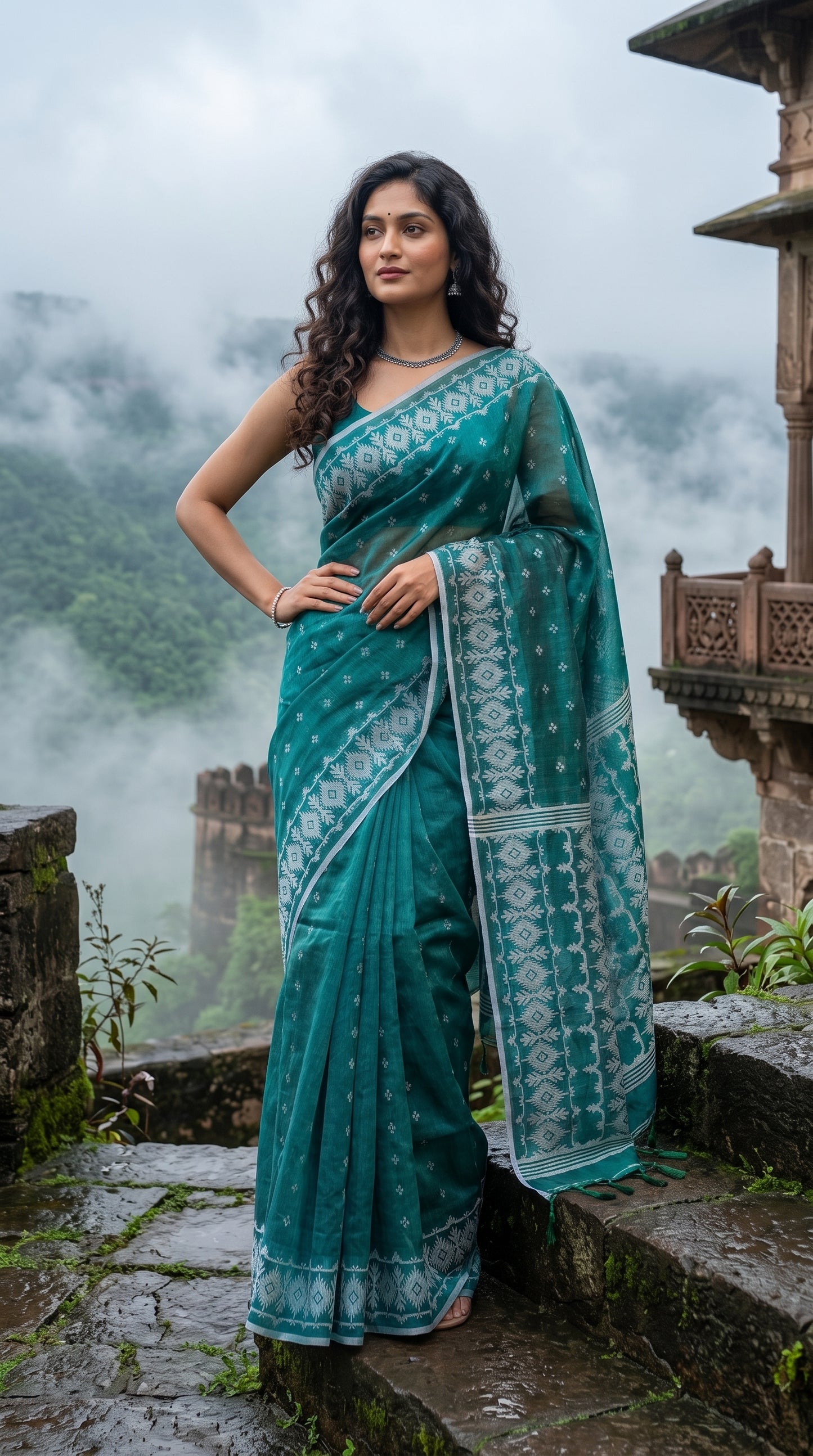 A model posing on wet stone steps overlooking a misty mountain valley, highlighting the fluid fall and detailed hand-woven borders of her sea-green Jamdani saree