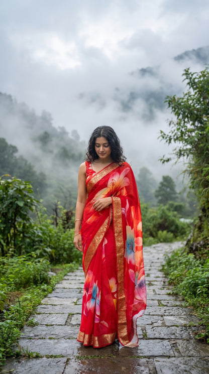 A full-length portrait of a woman standing thoughtfully on a wet stone path in a misty mountain valley, showcasing the fluid, weightless fall and large botanical prints of her red chiffon saree