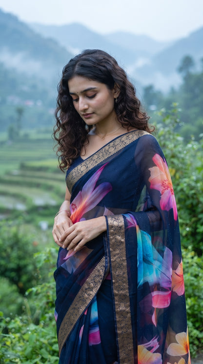 A close-up portrait of a woman looking down thoughtfully in a misty monsoon valley, displaying the rich zari border and vivid pink and blue digital floral prints of her navy blue Chinon saree