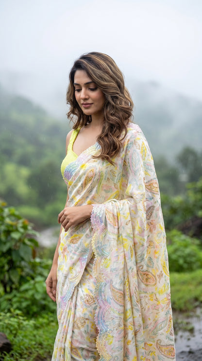 A candid portrait of a woman looking down against a blurred misty mountain backdrop, highlighting the delicate multi-colored sequined work along the scalloped edge of her cream silk saree