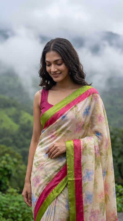 A candid portrait of a woman looking down smilingly against a backdrop of misty hills on a monsoon morning, highlighting the soft drape and magenta-green contrast borders of her cream floral saree