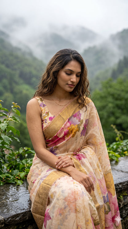 Pure Silk Saree with Digital Print & French Knot Kantha-Stitched - Beige