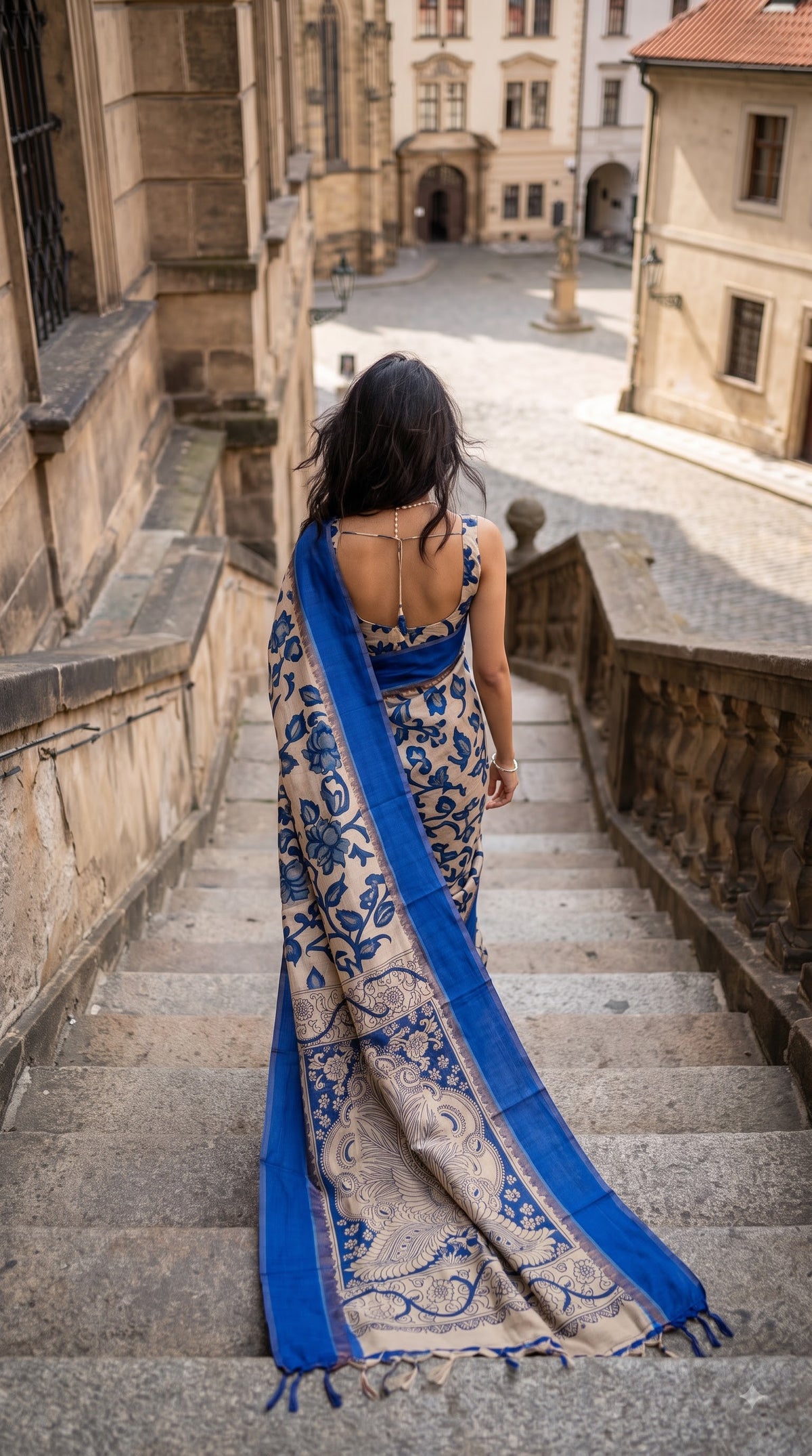 Kalamakari Silk Saree with Kaddi Border - Royal Blue