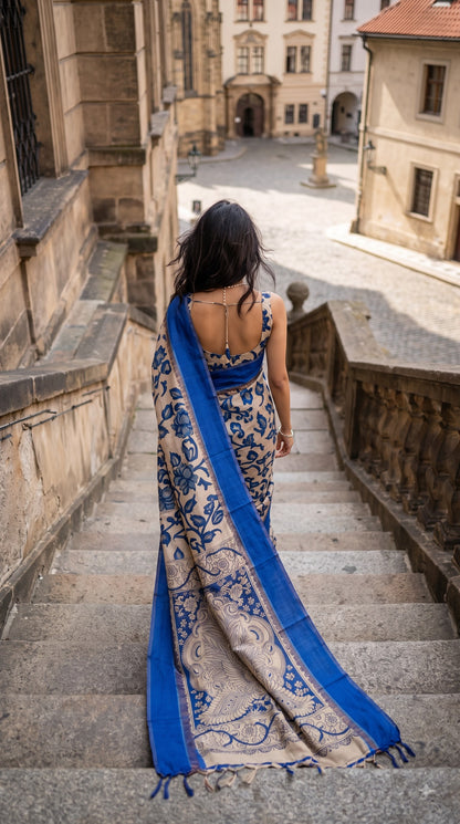 Kalamakari Silk Saree with Kaddi Border - Royal Blue