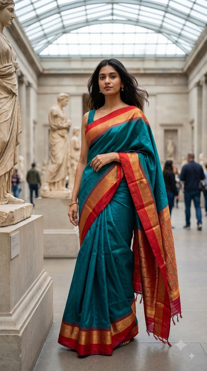 Silk Saree with Pochampally Pallu - Peacock Green