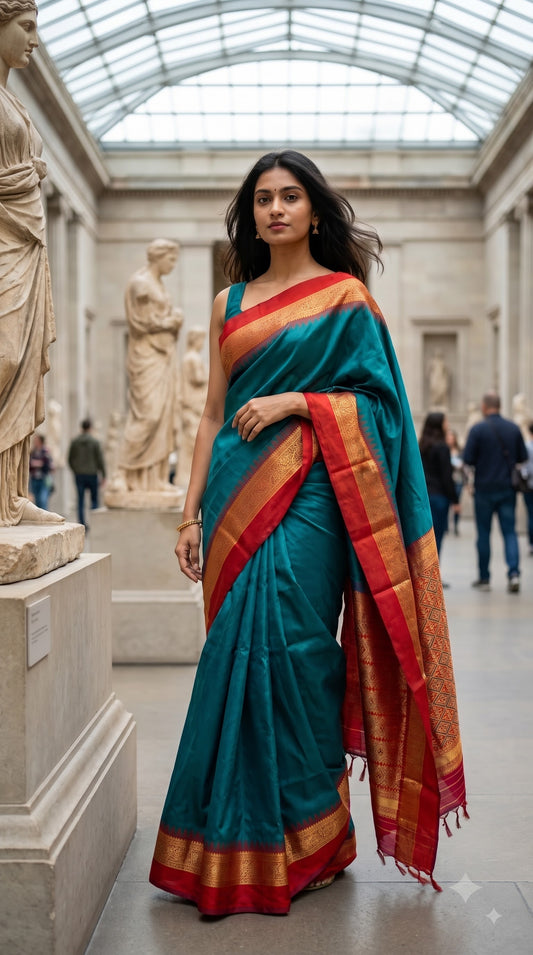 Silk Saree with Pochampally Pallu - Peacock Green